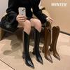 Estoque para o Dia 11~ Botas de Montaria com Salto Grosso e Bico Fino 2026 Outono/Inverno Femininas Versáteis Retrô Couro Genuíno Zíper nas Costas Botas Longas em Estoque