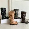 Botas de mezclilla de caña alta para otoño e invierno con hebilla, cinturón vintage, nuevas botas de moda 2026, botas de montar apiladas, prendas de abrigo western plisadas