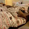 Conjunto de Roupa de Cama de Quatro Peças em Lã de Leite Espessa Estampa Fair Isle Lençóis e Capas de Edredom Alta Gramatura Quente Conjunto para Dormitório Estudantil
