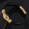 Pulseira de titânio de aço trançado estilo europeu e americano, pulseira de pulso de couro masculina, fivela magnética de aço inoxidável, pulseira de 8 palavras, Pulseira, Preto