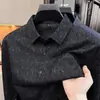 Camisa masculina de manga comprida com conteúdo de caxemira, camisa de colarinho dobrável casual de negócios para primavera e outono, top texturizado elástico anti-rugas para meia-idade
