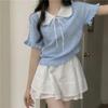 Suéter Elegante com Laço Estilo Coreano de Manga Curta Verão Feminino Pequeno Babado Fashion Emagrecedor Top Curto