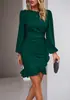 Ropa de Mujer para Comercio Exterior Europeo y Americano 2025 Estilo Amazon Vestido Bodycon de Color Sólido con Mangas Abullonadas Adelgazante Elegante Ropa de Trabajo