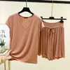 Nuevo Conjunto de Pantalones Cortos de Manga Corta de Talla Grande con Cuello en V, Cintura Alta con Cordón y Dobladillo Fruncido, Pantalones de Cinco Puntos, Atuendo Casual