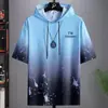 Camiseta de Seda de Gelo Masculina Verão Nova Marca Tendência Ins Verão com Capuz Manga Curta Proteção Solar Solta Tops de Estudante 1/2 Peças