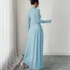 Vestido largo de encaje con cuello medio de manga larga, estilo europeo y americano, transfronterizo, para mujer, con cintura ceñida, bajo acampanado y corte elegante y ajustado