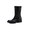 Botas Martin de piel de vaca lavables y llenas de textura 2026 Invierno tacón medio grueso hebilla punta redonda piel genuina botas de media pantorrilla para mujer