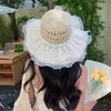 Chapéu de Sol de Palha Feminino de Verão com Aba Larga, Renda Dupla, Respirável, Protetor Solar de Rosto Inteiro para Praia