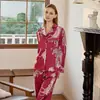 Pijama de Leopardo Rojo Escarlata para Mujer, Estampado de Leopardo Rojo Vino, Primavera y Otoño, Seda Sintética, Cuello de Traje, Manga Larga, Conjunto de Ropa de Casa Holgado