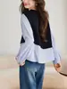 Blusa feminina patchwork falsa de duas peças, novo estilo outono 2026, camisa listrada com design irregular, corte solto, manga longa, adequada para o trabalho
