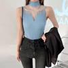 Camisola pequeña de malla hueca para mujer, camiseta interior base, primavera y verano 2024, nuevo top de punto sin mangas con cuello medio alto