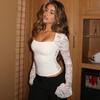 Ropa de Mujer de Venta Caliente Europea y Americana 2025 Otoño Nueva Moda Sexy Encaje Recorte Empalme Tops de Manga Larga Venta al Por Mayor de Comercio Exterior