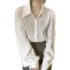 Camisa plissada longa de manga comprida retrô coreana 2026 para mulheres, blusa elegante com gola estilo francês para mulheres