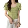 Design de renda de manga curta camiseta feminina verão sexy colarinho quadrado sem colisão camisa pequena exclusivo chique cintura curta top