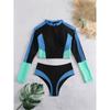 Traje de Baño Dividido de Nuevo Estilo para Mujer Cuello Redondo Ajustado Color en Contraste Traje de Baño Triángulo Moderno Manga Larga Deportivo Aguas Termales Playa