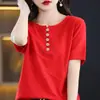 Estilo Novo Primavera e Verão Estilo Preguiçoso Algodão Puro Tricô Manga Curta Solto Gola Redonda Fino Tricô Camiseta Versátil com Botões para Mulheres
