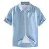 9048 Camisa de Lino de Manga Corta de Verano para Hombre Camisa Casual de Algodón y Lino con Cuello Cuadrado para Hombre Top de Lino de Color Sólido de Media Manga