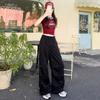 Calça de Trabalho Preta Estilo Retrô Americano para Mulheres, Novo Estilo Primavera 2026, Design de Bolso Vertical, Casual Relaxado de Perna Larga, Esportiva de Secagem Rápida