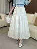 Falda midi tipo pastel de alta gama, nueva, elástica, de cintura alta, adelgazante, línea A, con bordado floral y diseño calado, para exportación