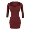 Vestido Quadrado Elegante de Manga Média Estilo Dama para Mulheres 2026 Novo Slim Fit Bodycon Curto Sexy Hot Girl Mini Vestido