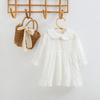 Vestido coreano para niñas, primavera y otoño, nuevo bebé, encaje blanco bordado, solapa pequeña, temperamento infantil, falda dulce