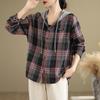Foto Real Otoño 2024 Camisa de Manga Larga a Cuadros Delgada Lijada de un Solo Botón para Mujer Artística Casual Talla Grande Casual con Capucha
