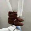 Novas botas de tornozelo estilo retrô coreano 2026, bico quadrado, salto grosso para mulheres, botas de moda versáteis para outono/inverno com detalhes de fivela