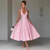 Vestido Jacquard Cruzado Europeo y Americano 2026, Cuello Halter en V, Vestido de Noche de Alta Gama, Estilo Primavera y Verano, Sin Mangas, Espalda Descubierta, Ceñido a la Cintura