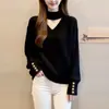 Elegante y sofisticado top de punto con cuello halter en V y manga larga para mujer, holgado y estilizado, suéter suave y acogedor