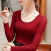 Camiseta Básica de Malha para Mulheres 2025 Primavera & Outono Nova Gola Redonda Manga Longa Camiseta Básica Elástica Interna Cor Pura Top