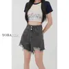 Shorts de Mezclilla Negros y Grises Rasgados de Cintura Alta para Mujer Verano Nuevo Talla Grande mm Gorditas Sueltos Aspecto Adelgazante Línea A Pierna Ancha Pantalones Cortos