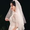 Velo de flor estilo coreano perla brillante corto doble capa multicapa vestido de novia foto de viaje peine de pelo de hada blanco Venta al por mayor