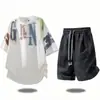 Conjunto Casual Confortável de Camiseta e Shorts Americano High Street de Verão para Homens Marca da Moda Tamanho Grande Roupas Combinando Soltas Conjunto Completo