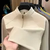 Moletom masculino sem costura de nylon com meio zíper, novo modelo outono 2026, gola alta, casual, cor sólida, simples, camiseta masculina de manga longa