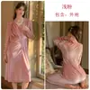Estilo Francês Rosa Leve Luxo Veludo Sexy Longa Simples Amarração Profundo Decote V Abertura Frontal Roupão Conjunto para Casa Feminino J2855