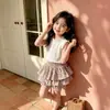 Directo del fabricante: Conjunto de shorts de verano con estampado floral para pastel, elegante conjunto de dos piezas de falda-pantalón para bebé de 26, estilo nuevo con pequeñas mangas acampanadas para niñas