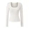 Top Sexy para Chica Popular con Cuello en U Profundo y Mangas Largas Otoño Temprano Nuevo Alta Elasticidad Hombro Derecho Camiseta Estiliza la Figura Cintura Camiseta Básica