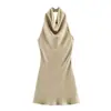 Comercio Exterior al por Mayor Transfronterizo Ropa para Mujer Verano Estilo Europeo y Americano Espalda Descubierta Textura de Satén de Seda Vestido Corto de Cuello Halter para Mujer