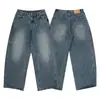 Jeans lavados estilo retro americano JIAMU para hombres y mujeres, pantalones anchos holgados vintage azules de pierna ancha y corte curvo, versátiles para el estilo callejero de otoño e invierno