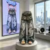 Calça jeans masculina estilo americano de corrente 3D impressa digitalmente, com efeito desgastado, perna larga, comprimento até o chão, hip-hop