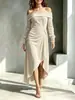 Estação Independente Europeia e Americana Outono 2026 Transfronteiriço Novo Vestido Feminino Sexy de Um Ombro Elegante Temperamento Vestido Formal Vestido com Fenda