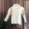 Camisa básica de primavera y otoño para mujer y niño, estilo occidental, con personalidad infantil, moderna, con borde de orejas de madera, cuello semialto, mangas abullonadas, color liso.