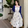 Estilo Dulce y Picante Azul Klein Estampado Floral Conjunto de Vestido Camisola para Mujer Verano Delgado Protección Solar Cárdigan Ceñido a la Cintura Falda Mini Tulipán