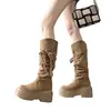 Botas Longas com Franjas e Solado Grosso para Mulheres, Novo Estilo Outono 2026, Botas Slouch Emagrecedoras Acima do Joelho, Botas de Equitação Estilo Wasteland
