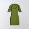 Vestido de Color Sólido con Cuello en U y Mangas Medias para Mujer, Vintage Sexy Elástico Ajustado, Ropa Exterior Hot Girl Deseo Puro, Vestido Corto Bodycon
