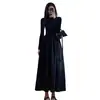 Vestido de Punto Plegado de Manga Larga Negro para Otoño e Invierno Estilo Nuevo Elegante Talla Grande Ropa Interior para Mujer Cintura ceñida Falda Larga de Corte A