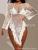 Colección nueva de verano transfronteriza: chal de malla con flecos, cuello redondo, color liso, salida de playa de punto sexy calada para protección solar