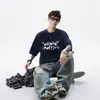 Camiseta Estilo Americano Estampada Gola Redonda Manga Curta Masculina Verão Tendência Marca Versátil Casual Top High Street Solto Esportivo Manga de Cinco Pontos