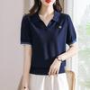 Suéter de Manga Curta com Gola Polo Feminino Top Novo 2024 Casual Solto Malha Fina Elegante Pulôver Camiseta