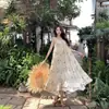 Vestido de Suspensório Jacquard Estilo Francês para Chá da Tarde Feminino, Verão Petite Elegante Vestido Longo Solto para Férias na Praia